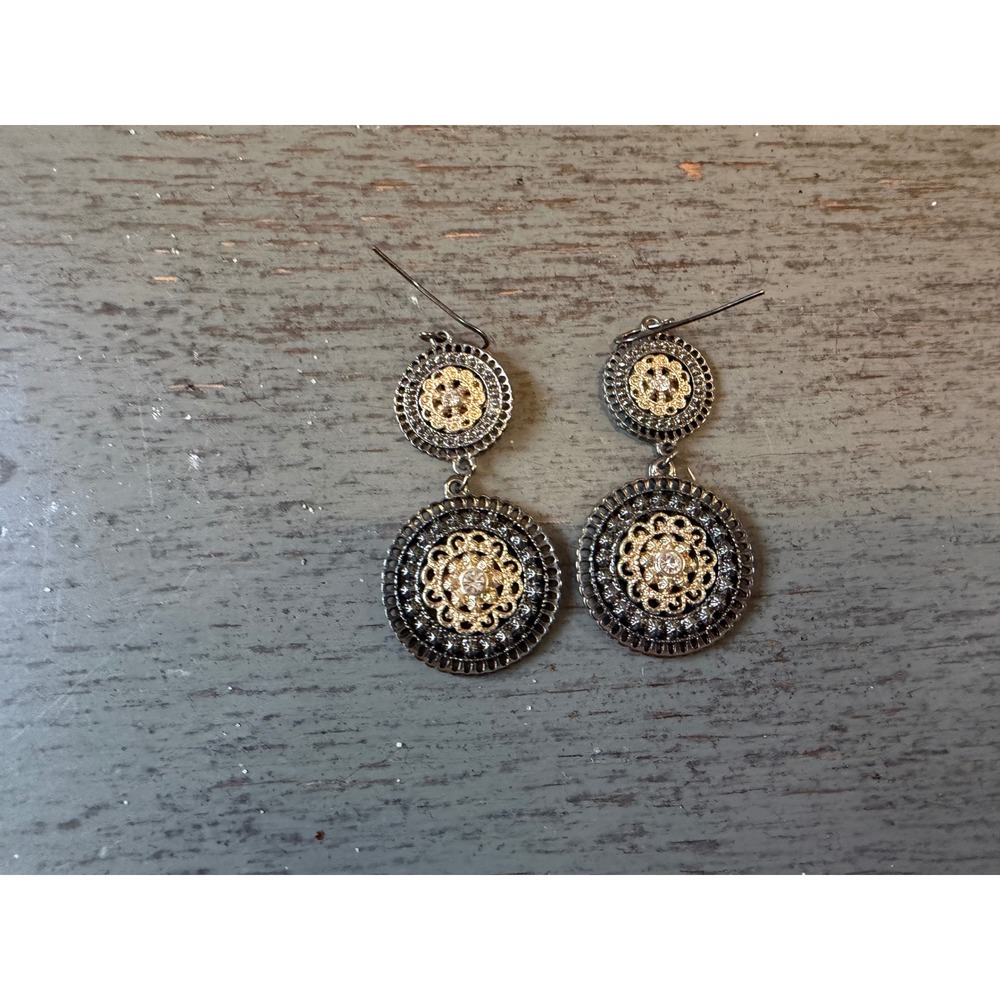 Gunmetal Gold Tone Filigree Tiered Drop Dangle Earrings Boho Mixed Metal